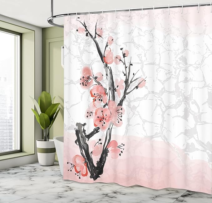 Ambesonne Floral Shower Curtain, Japanese Cherry Blossom Sakura Tree Branch Soft Pastel Watercolor Print, Cloth Fabric Bathroom Decor Set with Hooks, 69" W x 70" L, Pink Coral