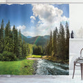 Ambesonne Landscape Shower Curtain, Riverside Flowing Mountain with Towering Pine Trees and Rainbow Clouds Sunny Day, Cloth Fabric Bathroom Decor Set with Hooks, 69" W x 75" L, Hunter Green