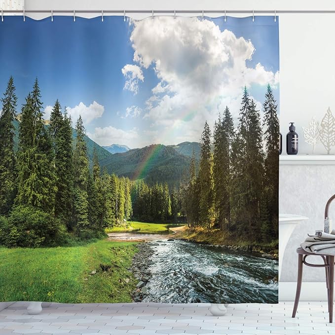 Ambesonne Landscape Shower Curtain, Riverside Flowing Mountain with Towering Pine Trees and Rainbow Clouds Sunny Day, Cloth Fabric Bathroom Decor Set with Hooks, 69" W x 75" L, Hunter Green