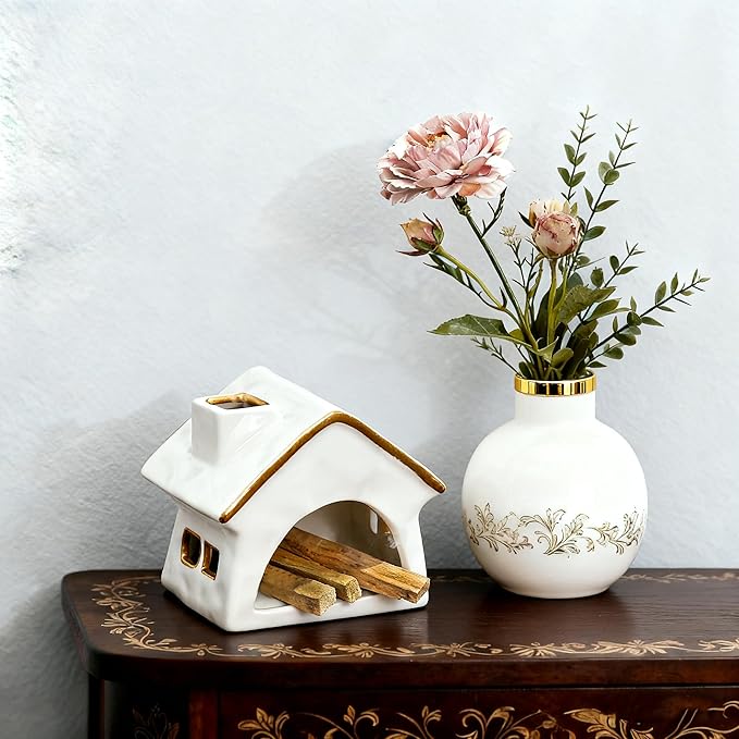 Palo Santo Holder Chimney, Sage Holder for Burning, Palo Santo Burner, Sage Burner, Ceramic Christmas Cabin&Mini Chiminea Incense Burner, House Tea Light Burner, Smudge Bowl, Incense Holder