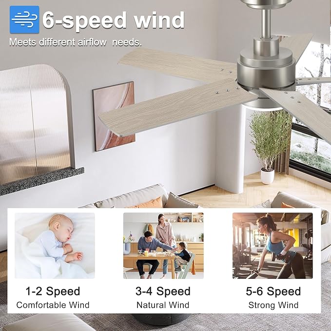 42 Inch Brushed Nickel Ceiling Fan with Light and Remote Control,Dimmable 3 Color Temperatures LED Ceiling Fan,6 Speeds Reversible DC Motor,5 Blades Modern Ceiling Fans for Indoor or Covered Outdoor