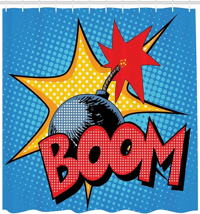 Ambesonne Vintage Shower Curtain, Retro Style Design on Dotted Background Comics Pop Art Image Print Retro, Cloth Fabric Bathroom Decor Set with Hooks, 69" W x 84" L, Yellow Blue and Red