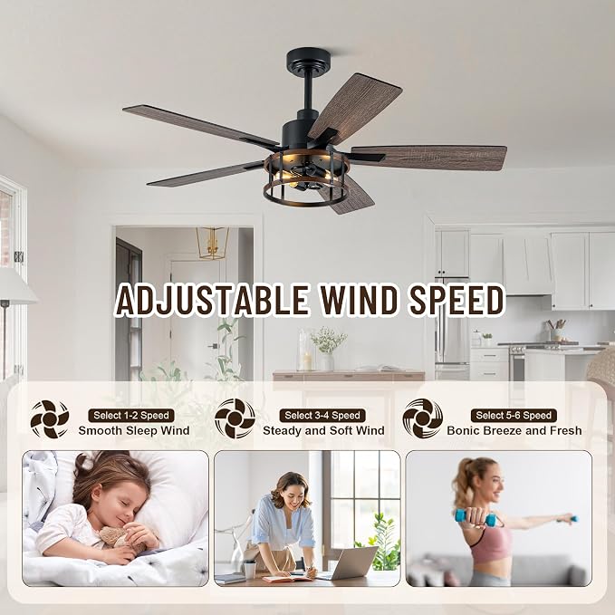52" Farmhouse Ceiling Fans with Lights and Remote Control | Reversible Motor,5 Double Finish Wood Blades,Black Rustic Industrial Caged Ceiling Fan with Light for Living Room/Dining Room