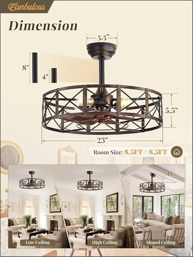 Fanbulous 23 Inch Fandelier Caged Ceiling Fans with Lights and Remote, Black Farmhouse Ceiling Fan, Bladeless Samll Fan Lights Ceiling Fixtures for Kitchen, Bedroom-Black and Gold