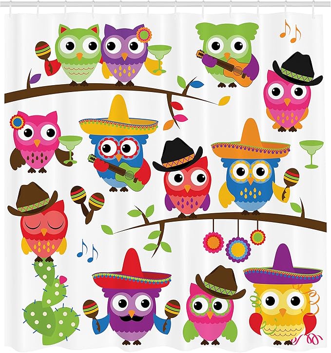 Ambesonne Owls Shower Curtain, Group of Cowboy Cowgirl Owls with Hats Guitars Cactus Cinco de Mayo Themed Art, Cloth Fabric Bathroom Decor Set with Hooks, 69" W x 70" L, Orange Red
