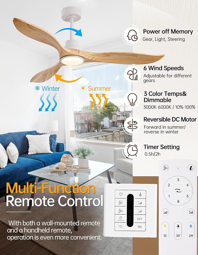 60 Inch Outdoor Solid Wood Ceiling Fans with Lights and Remote,3 Blade Natural Wood Ceiling Fan with Wall Control,Dimmable,3 Downrods, Quiet DC Motor for Bedroom,Patios,Living Room