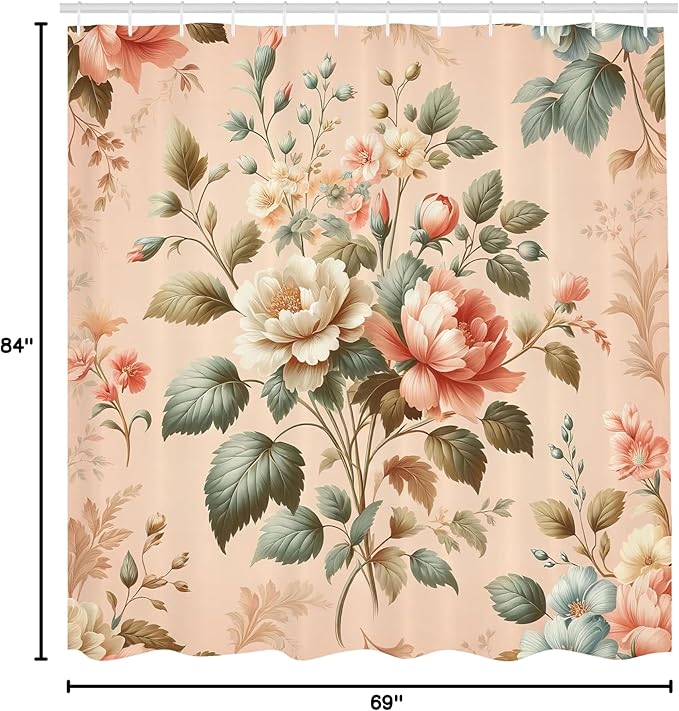 Ambesonne Floral Shower Curtain, Vintage Countryside Cottagecore Vibe Flowers Pastel Tones Paint Print, Cloth Fabric Bathroom Decor Set with Hooks, 69" W x 84" L, Pale Peach Reseda Green