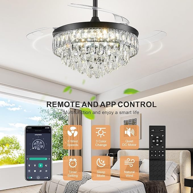 42'' Chandelier Ceiling Fan with Lights, Retractable Fan with Remote and APP, Crystal Fandelier Ceiling Fan, Dimmable LED, Reversible Motor, Quiet for Bedroom Living Room-Black