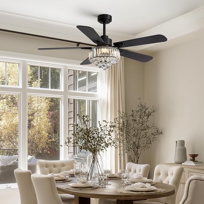 Crystal Fandelier Ceiling Fan with Light,Chandelier Ceiling Fan with Remote and APP Control,Quiet Light for Bedroom, 3 Color Temperature, 52 Inch vintage ceiling fan With 6 Speeds