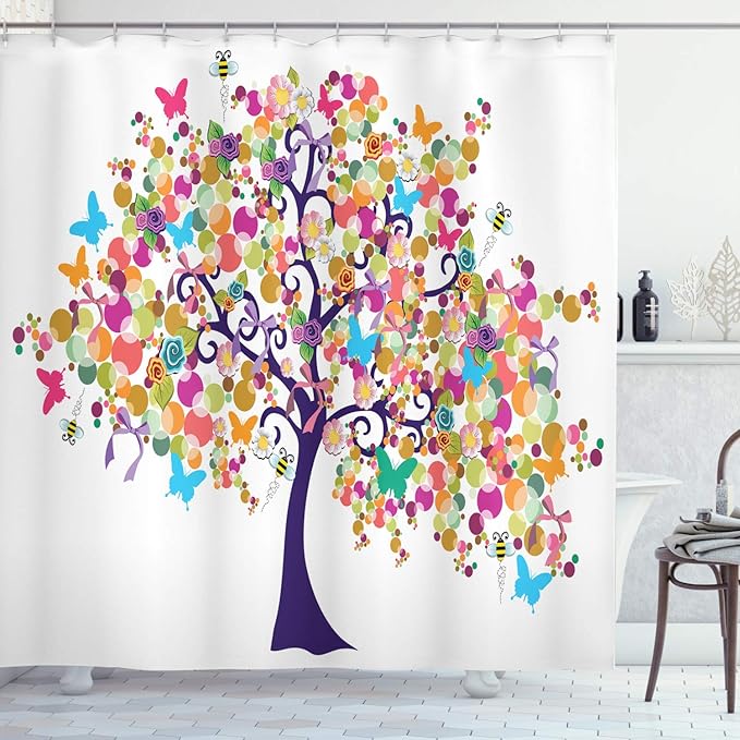 Ambesonne Tree of Life Shower Curtain, Abstract Ornamental Spring Branches of Flowers and Butterflies Happy Season Concept, Cloth Fabric Bathroom Decor Set with Hooks, 69" W x 75" L, Indigo Magenta