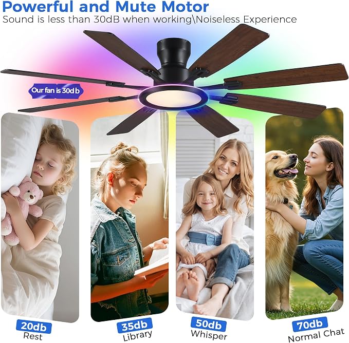 Ayaoty Ceiling Fans with Lights -60in Flush Mount Ceiling Fan with RGB Dimmable, 3CCT 6 Wind Speeds and Reversible Quiet Motor, Low Profile RGB Fan Light for Modern Indoor, Party - Brown