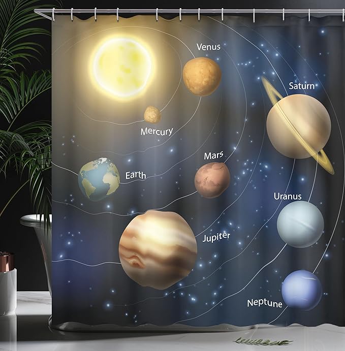 Ambesonne Science Shower Curtain, Realistic Illustration of Solar System Sun Planets Orbit Astronomy Outer Space, Cloth Fabric Bathroom Decor Set with Hooks, 69" W x 75" L, Dark Night Blue Brown