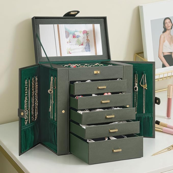 AKOZLIN 6-Tier Jewelry Box Organizer Functional 5 Drawers Leather Jewelry Storage Case for Women Girls Ring Necklace Earring Bracelet Holder Organizer with Mirror Extra Large Darkgreen