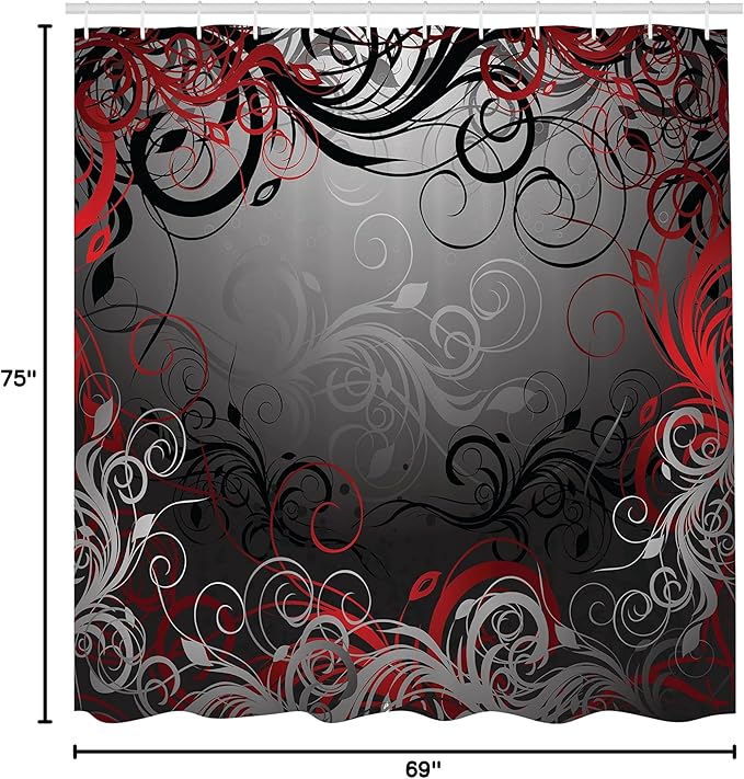 Ambesonne Abstract Shower Curtain, Mystic Forest Floral Swirls Leaves Nature Fading Ombre Effect, Cloth Fabric Bathroom Decor Set with Hooks, 69" W x 75" L, Charcoal Ruby