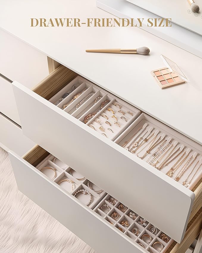 Lolalet Jewelry Drawer Organizer Inserts, Stackable Velvet Tray Jewelry Storage Organizers Set Display Cases for Necklaces Bracelets Earrings Rings Chains Bangles Watches, Beige, Set of 4