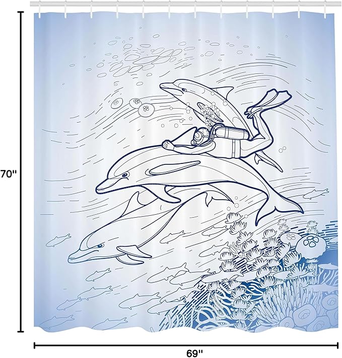 Ambesonne Sea Animals Shower Curtain, Sketch of Scuba Diver Holding Fin of Dolphin Over Coral Reefs Fish Underwater, Cloth Fabric Bathroom Decor Set with Hooks, 69" W x 70" L, Blue Navy