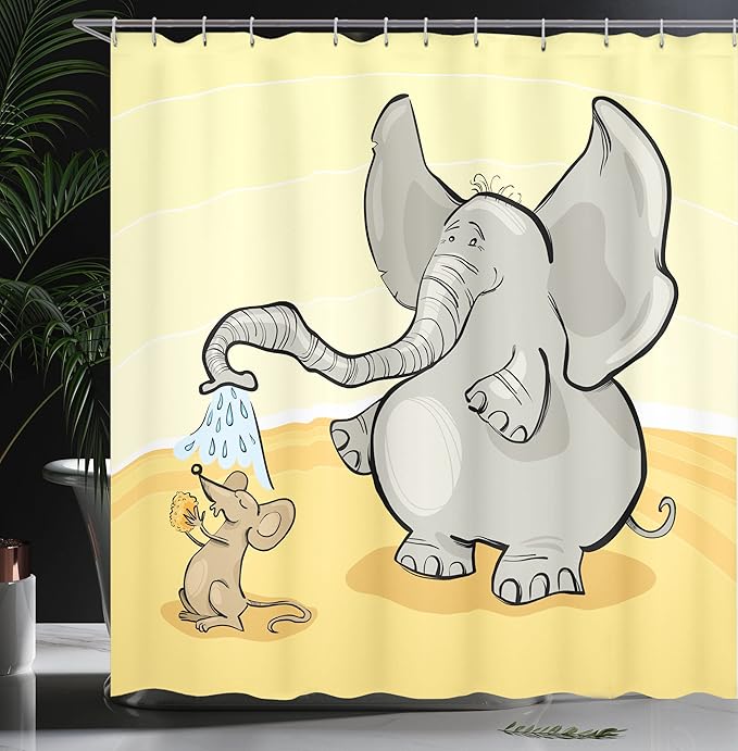 Ambesonne Animal Shower Curtain, Funny Bathing Mouse Trunk in The Desert Cartoon Animal Print, Cloth Fabric Bathroom Decor Set with Hooks, 69" W x 75" L, Grey Yellow Cream