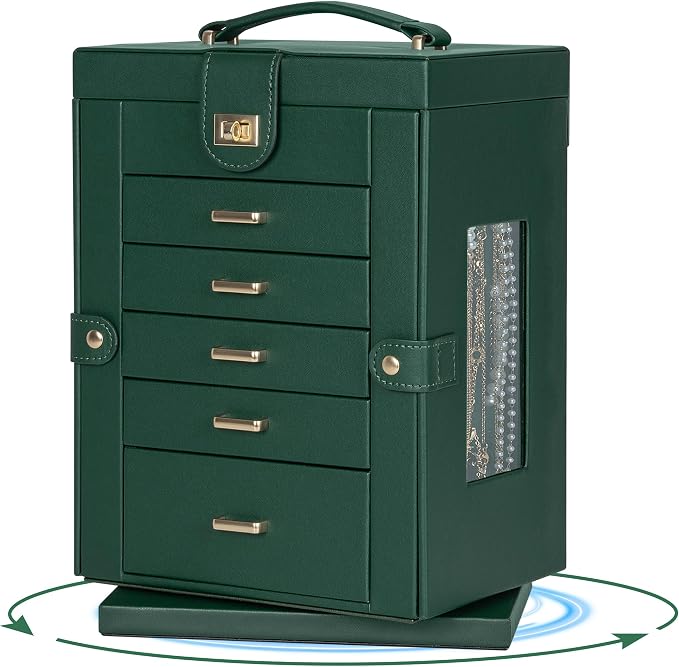 AKOZLIN 6-Tier Jewelry Box Organizer Functional 5 Drawers Leather Jewelry Storage Case for Women Girls Ring Necklace Earring Bracelet Holder Organizer with Mirror Green 360° Rotating