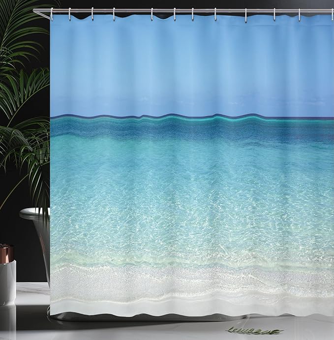 Ambesonne Ocean Shower Curtain, Clear Water at Beach in Atlantic Sea Cuba Coasts with Sky Scenery Art, Cloth Fabric Bathroom Decor Set with Hooks, 69" W x 70" L, Cream Turquoise