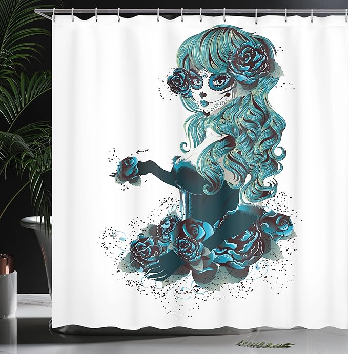 Ambesonne Skull Shower Curtain, Vintage Sugar Shape Girl Day of The Dead Bride Dark Color Roses Graphic, Cloth Fabric Bathroom Decor Set with Hooks, 69" W x 75" L, Petrol Blue White