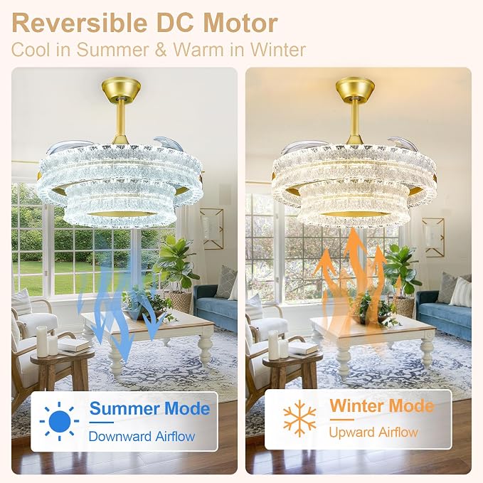 Depuley Crystal Ceiling Fans with Lights: 24" Gold Cagd Fan with Remote Control - Fandelier Fan Light for Girl's Bedroom Living Room Nursery