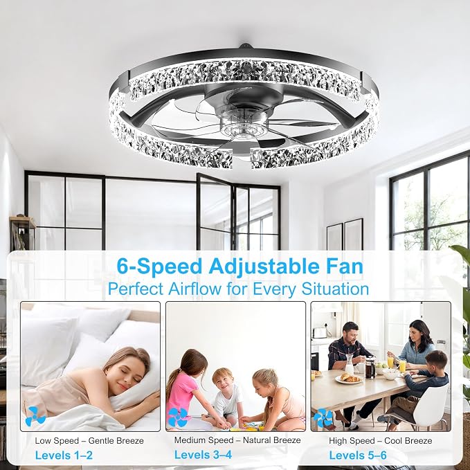 Crystal Ceiling Fans with Lights and Remote, 20'' Low Profile Ceiling Fan, 1-6 Wind Speeds, 3000-6500K Dimmable Flush Mount LED Fan Light, Modern Fandelier Ceiling Fans for Bedroom