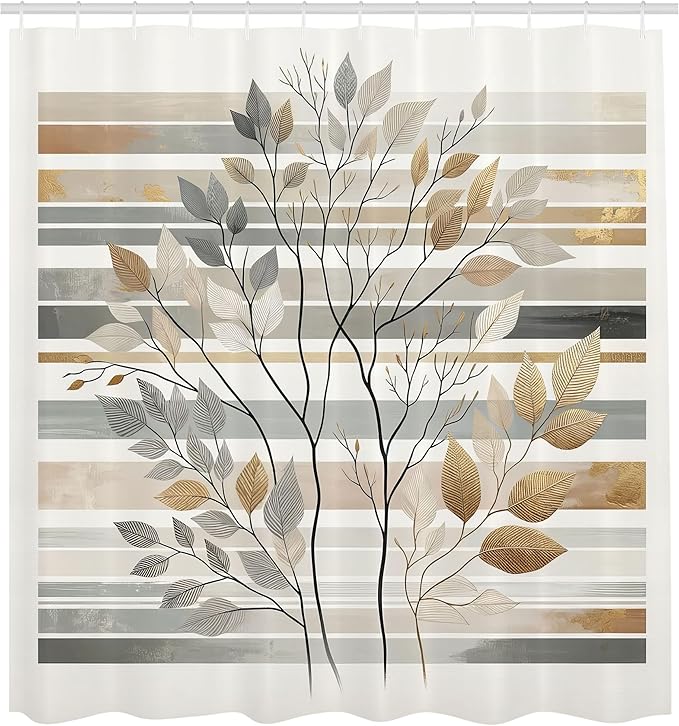 Ambesonne Striped Shower Curtain, Abstract and Boho Neutral Tones with Leaves on Lines Backdrop Print, Cloth Fabric Bathroom Decor Set with Hooks, 69" W x 70" L, Pale Brown Grey and Camel