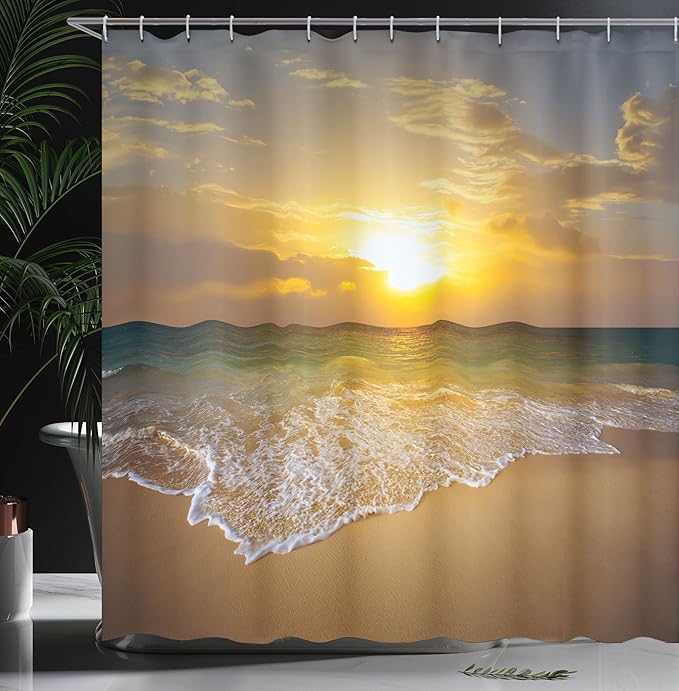 Ambesonne Ocean Decor Shower Curtain, Long Thin Calm Spumous Sea Waves Covers Sandy Beach at a Mystic Sunset View, Polyester Fabric Bathroom Set with Hooks, 69" W X 70" L, Brown Yellow