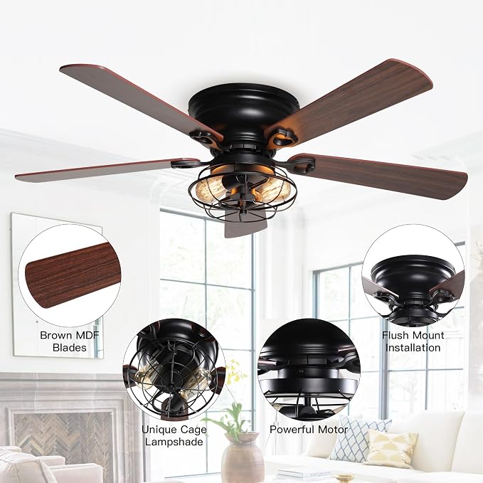 48 Inch Farmhouse Ceiling Fan with Light and Remote, Flush Mount Low Profile Ceiling Fans with Reversible Quiet Motor, Caged Ceiling Fan for Bedroom Living Room Patio
