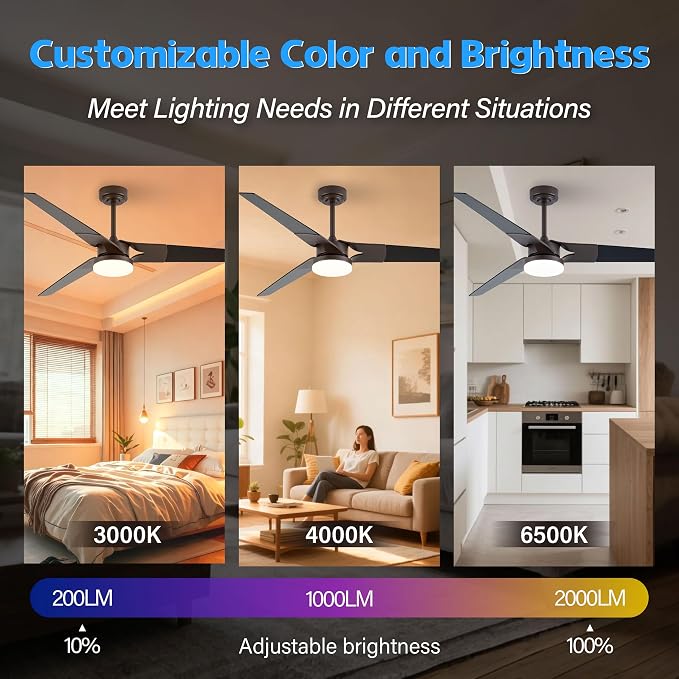 Ceiling Fan with Lights and Remote, 3 Blade App Control Timer Reversible Stepless Brightness and Color Temperature Outdoor Wood Ceiling Fan with Lights (Brown, 60 In'ch)
