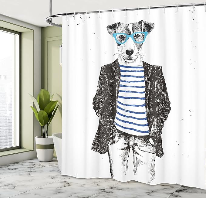 Ambesonne Quirky Shower Curtain, Hipster Jack Russell Dog with Glasses Hand Drawn Sketchy Fashion Animal Fun, Cloth Fabric Bathroom Decor Set with Hooks, 69" W x 84" L, Black White
