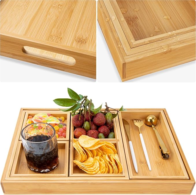 Wood Serving Tray with Handle, Set of 7 Nesting Rectangular Trays for Party | 4 Sizes Tray-Snacks to Entrees,Decorative Serving Platter for Breakfast Bed,Lunch,Ottoman,Coffee Table,BBQ-Great for Lap&Sofa