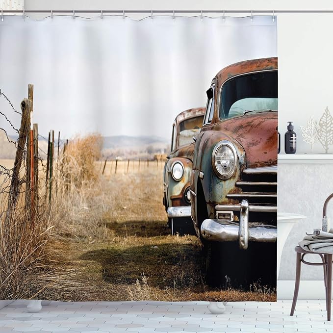 Ambesonne Vintage Car Shower Curtain, Classic Abandoned Rusty Wyoming Cars Antique Pictures Old Trucks Countryside, Cloth Fabric Bathroom Decor Set with Hooks, 69" W x 70" L, Brown Sepia