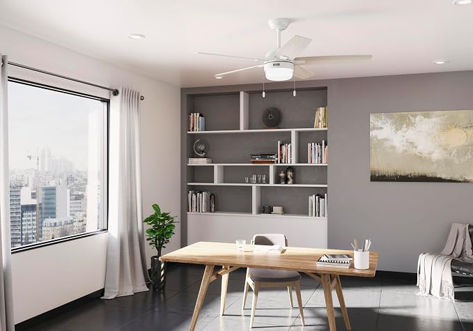 Hunter 52 inch Indoor Ceiling Fan with LED Light - White Ceiling Fan with Pull Chain, for Bedroom or Living Room, Standard Mount, No Remote, 5 Blades, Includes Bulbs - Anisten 52487, Fresh White | Standard Mount, Pull Chain, 5 Blades, For Bedroom, Livi...
