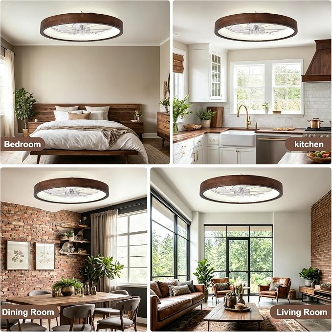24” Low Profile Ceiling Fan with Light and Remote & APP Control | Dimmable LED,6 Speed,Reversible DC Motor,Solid Wood Frame Flush Mount Ceiling Fan with Light for Bedroom/Kidsroom/Dinng Room