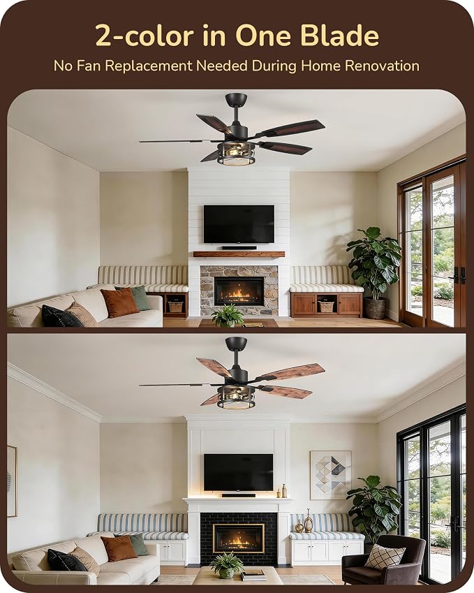 EDISHINE 52" Farmhouse Ceiling Fans with Lights and Remote, 10%-100% Dimmable, Reversible DC Motor, 6 Speed, 5 Wooden Blades, Timer, Rustic Caged Fandelier Ceiling Fan for Living Room, Bedroom