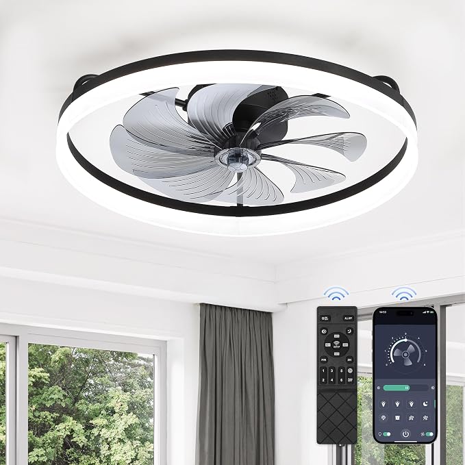 LEDIARY Ceiling Fans with Lights, 23 inch Low Profile Flush Mount Ceiling Fan, Dimmable LED, APP & Remote Control, Quiet Reversible DC Motor, 6 Speeds, Fandelier for Bedroom, Black