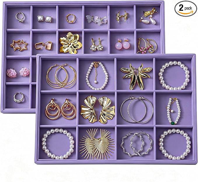Large Velvet Jewelry Tray 2 Pack Stackable Jewelry Display Drawer Inserts Trays Organizer for Earring Bracelet Necklace Ring (Purple, 12 Grids+24 Grids)