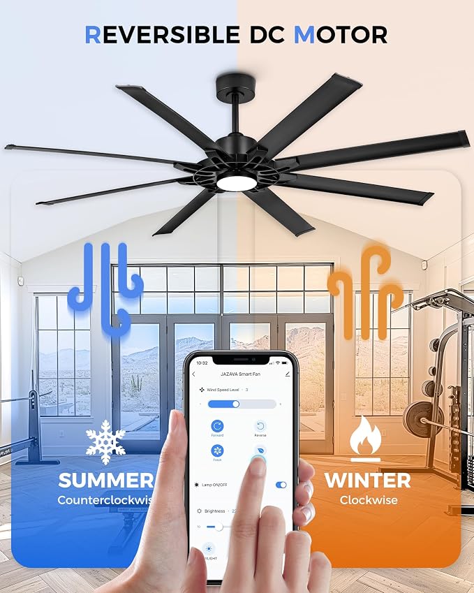 72 Inch Ceiling Fan With Light, Industrial Ceiling Fan With 8 Aluminium Metal Blades, Smart Fan Compatible with Alexa, Garage Indoor Fan For Living Room and Patio, ZCCF05ABK-72