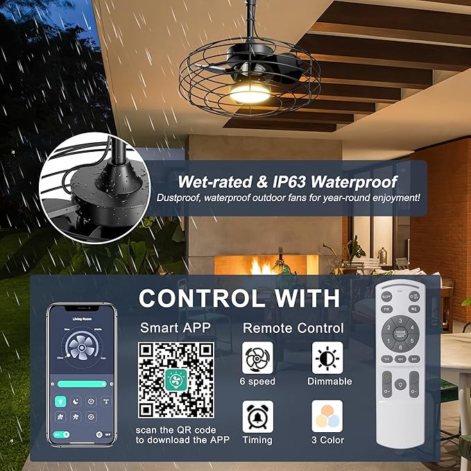 Coolbull 20'' Black Outdoor Ceiling Fans with Light for Gazebos, Patios | IP63 Waterproof, Plug and Play, Remote/APP Control, 3 CCT Dimmable, Enclosed Caged Fan with Hanging Hook