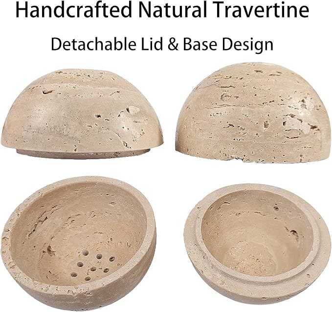 Natural Stone Sphere Incense Holder: 4" D Hand-Carved Aromatherapy Burner for Yoga, Meditation & Relaxation, Elegant Multi-Hole Design, Beige Travertine