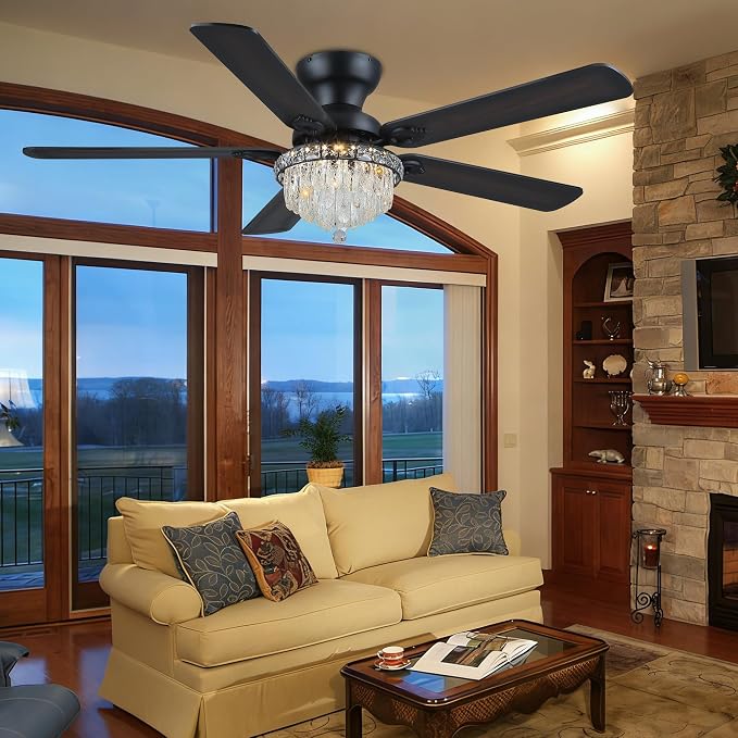 GJeg Crystal Ceiling Fan Fandelier with Lights-Ceiling Fans with Remote Control,Modern Ceiling Fan with Noiseless DC Reversible Motor,Dining Room,Living Room(52" Black)