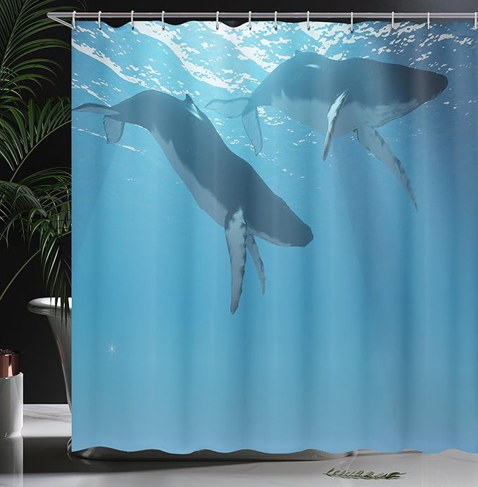Ambesonne Ocean Shower Curtain, 2 Humpback Whales Swimming Near The Ocean Surface in The Rays from The Sun Image, Cloth Fabric Bathroom Decor Set with Hooks, 69" W x 75" L, Pale Blue