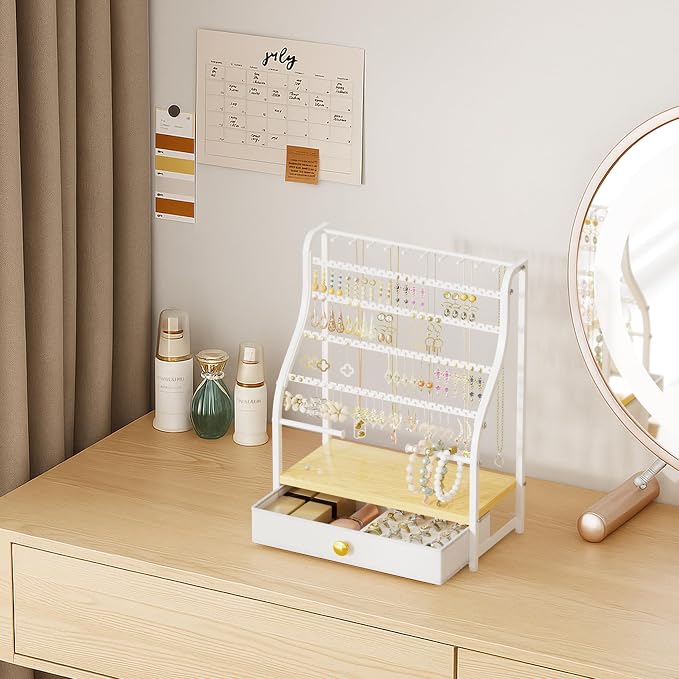 SWTYMIKI Earring Holder Organizer - Jewelry Organizer Stand with Necklace Hooks, Watch Rods, Nonwoven Drawer, Large Capacity Jewelry Display for Stud Earring Bracelet Necklace Ring, White