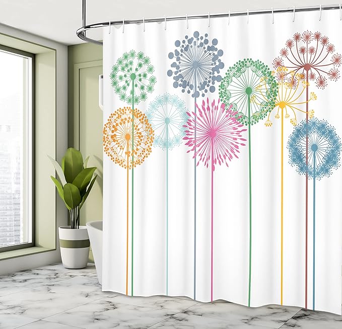 Ambesonne Floral Shower Curtain, Flower Inspired Artwork Colorful Dandelions on White Background Illustration Print, Cloth Fabric Bathroom Decor Set with Hooks, 69" W x 70" L, Fern Green