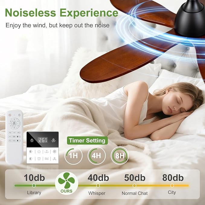 42 Inch Solid Wood Ceiling Fans With Lights, Remote Control, Dimmable, Reversible, Wood Blades, Power-Off Memory, Quiet DC Motor, Indoor/Oudoor Ceiling Fan with Light for Patio