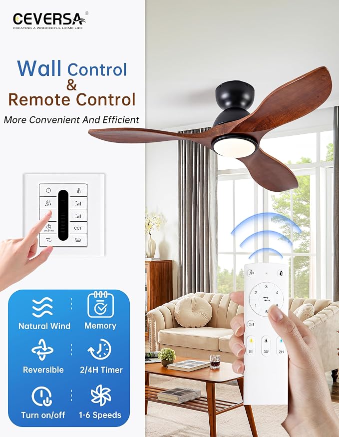 42 Inch Low Profile Ceiling Fans with Lights and Remote, Flush Mount 3 Blade Wood Ceiling Fan,Dimmable,Quiet Noiseless for Patios,Living Room,Bedroom(Wall Control Switch)