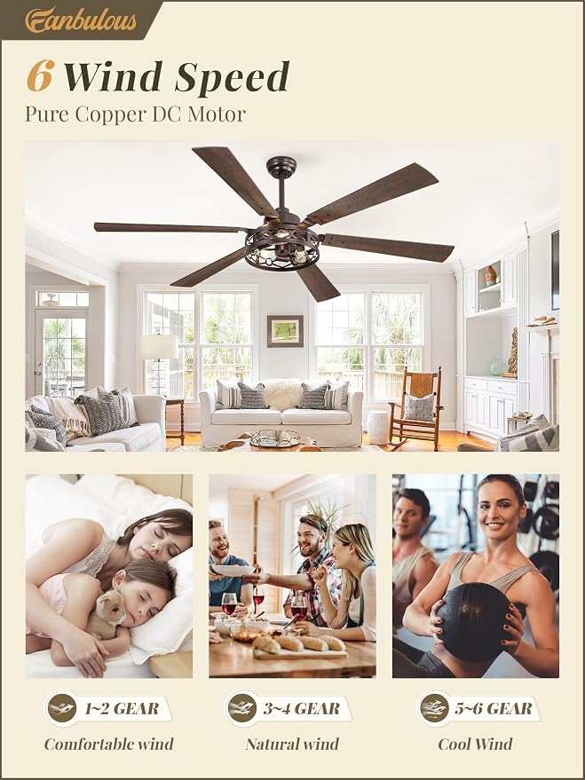 Fanbulous 65 Inch Ceiling Fan with Lights, Farmhouse Caged Ceiling Fans with Remote,Oil Bronze Industrial Ceiling Fans with Quiet Reversible DC Motor, Large Ceiling Fan for Living Room, Bedroom