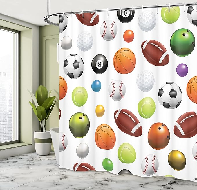 Ambesonne Sports Shower Curtain, Colorful Look Different Type of Balls Various Sports Professional Hobby Leisure Time Activity Themes, Cloth Fabric Bathroom Set with Hooks, 69" W x 75" L, Black Green
