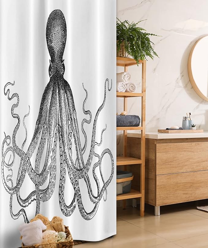 Ambesonne Nautical Stall Shower Curtain, Vintage Engraved Illustration of an Octopus Sea Creature Monochrome Art, Fabric Bathroom Decor Set with Hooks, 36" W x 72" L, Grey Black